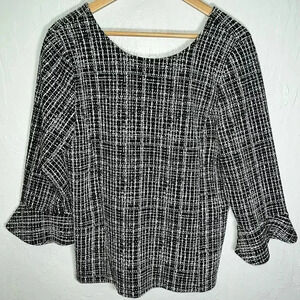 Talbots Women's Black White Speckled Top‎ with Bell Sleeve Size Large